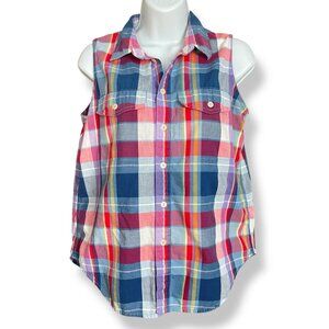 Vintage Button-Up Sleeveless Top Plaid Women Petite Small Preppy Retro Aesthetic